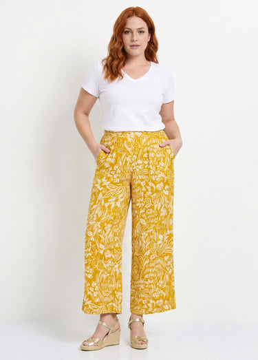 Pantalon large taille élastiquée fleuri ou uni Jaune/Ecru