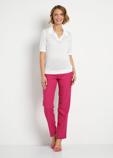 Pull fin col polo ajouré manches courtes Blanc