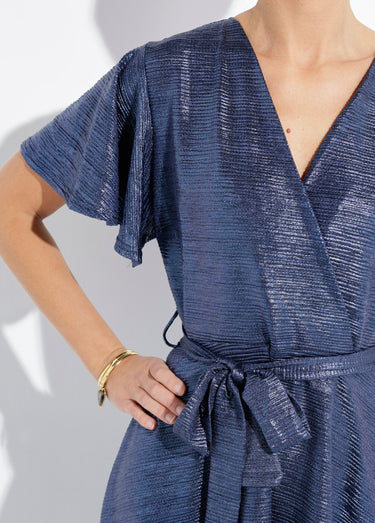 Robe longue brillante, manches papillon Bleu Nuit