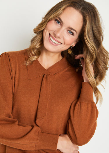 Pull fin col cravate mélange laine Caramel