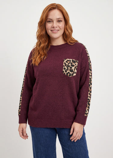 Pull maille avec laine et détails léopard Bordeaux