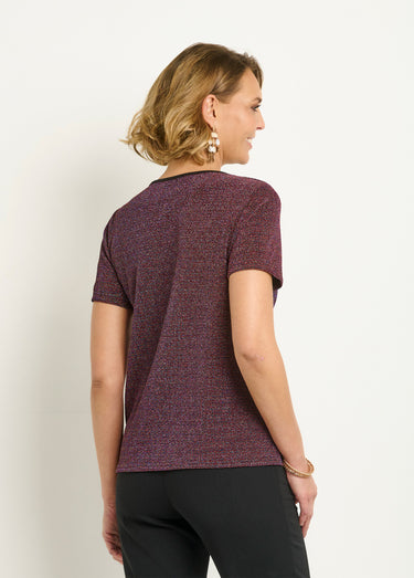 T-shirt col rond métallisé manches courtes Fuchsia