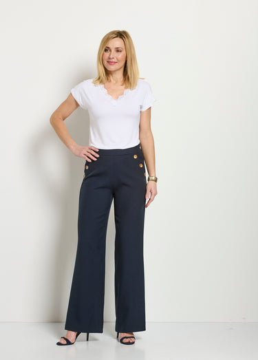 Pantalon large uni taille semi-élastiquée Marine