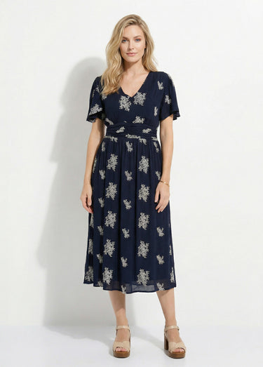 Robe longue brodée col V Marine / Blanc