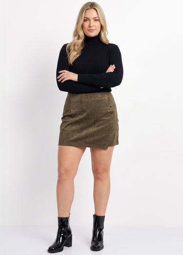 Jupe short en suédine, taille élastiquée Kaki