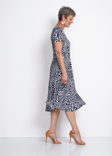 Robe imprimée drapée évasée courte Ecru/Marine