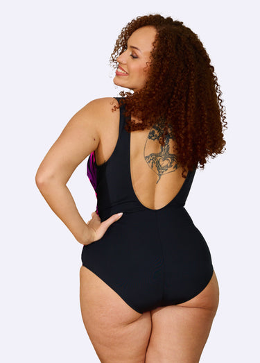 Maillot de bain 1 pièce exotique coloré Noir/Fuchsia