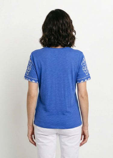 T-shirt col V brodé manches courtes Bleu / Blanc