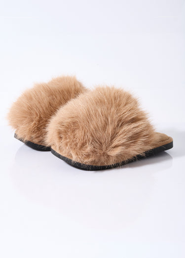 Mules en fausse fourrure longs poils Camel