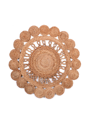 Tapis rond jute naturel forme déco Beige fleurs