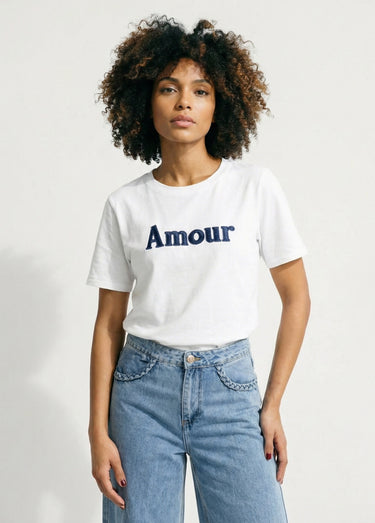 T-shirt coton avec inscription Amour Blanc/Marine
