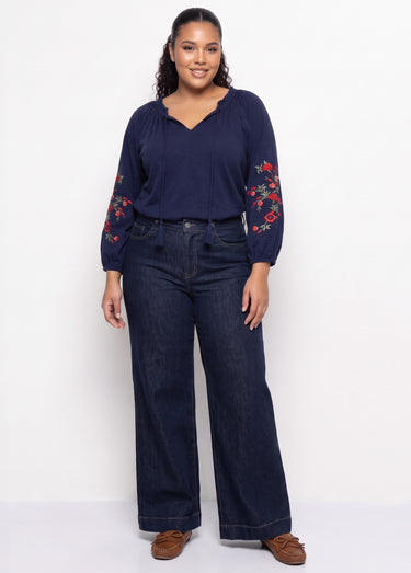 T-shirt long brodé manches 3/4 Marine
