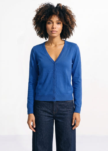Gilet boutonné mi-long maille douce Bleu