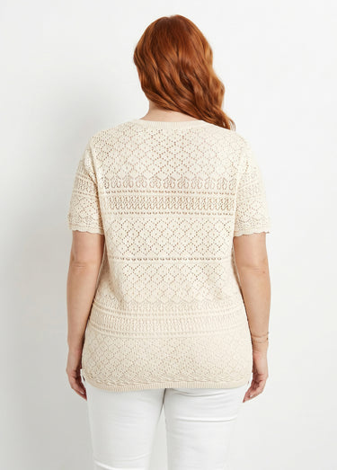 Pull manches courtes blousant ajouré col rond Ficelle