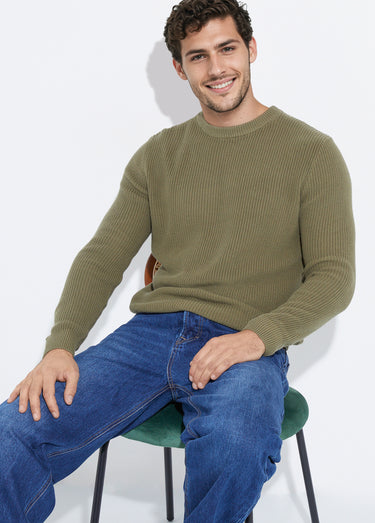 Pull col rond maille torsadée pur coton Kaki