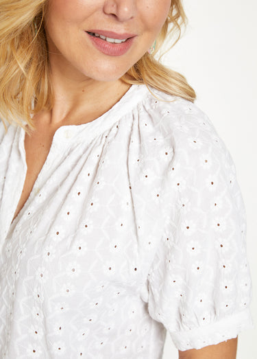 Chemisier ample coton brodé sans col Blanc