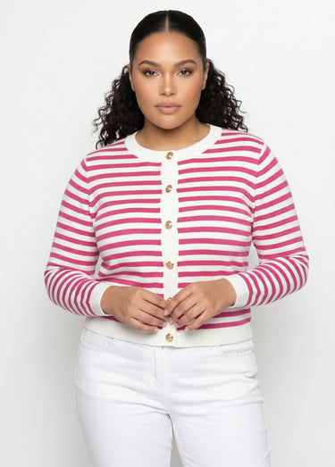 Gilet cardigan court col rond rayé boutonné Raye Fuchsia