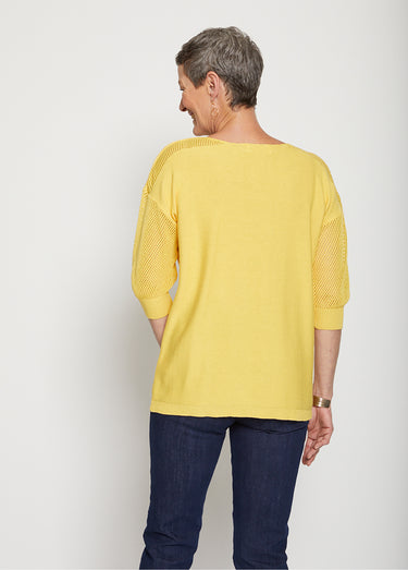 Pull en maille ajourée, manches 3/4 Jaune