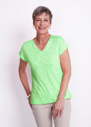 T-shirt col V fluo en maille flammée Vert