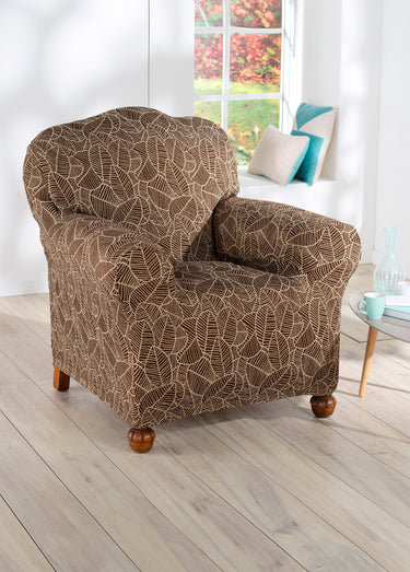 Housse bi-extensible jacquard fauteuil et canapé Marron/Ecru