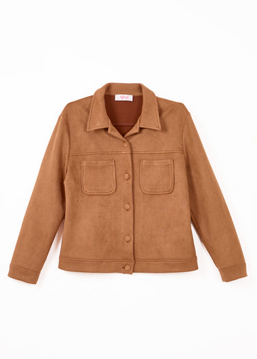 Blouson boutonné tissu suédé col cranté Camel