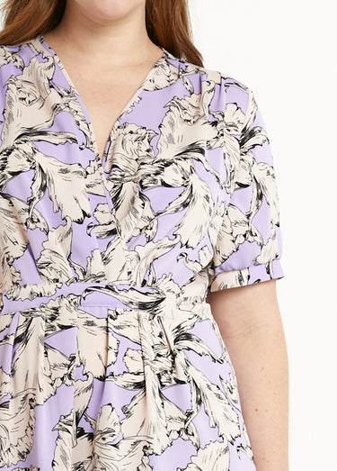 Robe courte cache-coeur fluide motif graphique Violet/ Blanc