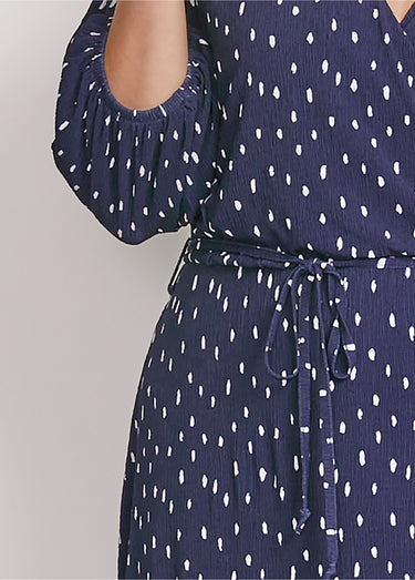 Robe mi longue cache-coeur pois Marine / Blanc