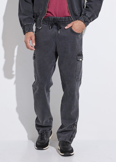 Jean cargo bas zippé, taille élastiquée Noir