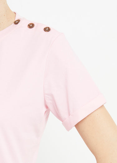 T-shirt col rond avec épaule boutonnée Rose Clair