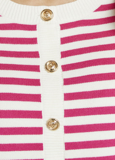 Gilet cardigan court col rond rayé boutonné Raye Fuchsia