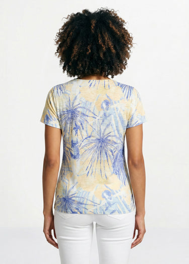 T-shirt court motif et strass col rond Jaune/Bleu