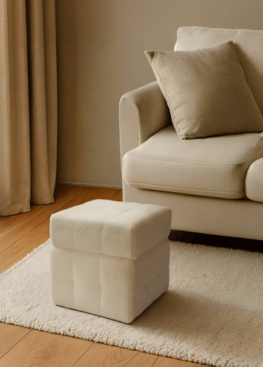 Pouf capitonné rangement, aspect laineux Blanc