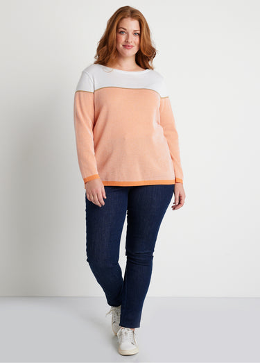 Pull fin col rond manches longues Blanc/Orange