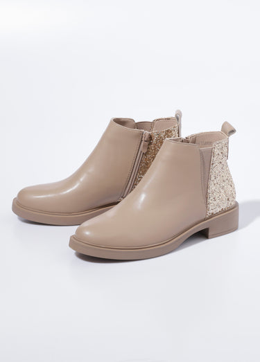 Boots Chelsea, détail paillettes talon Beige