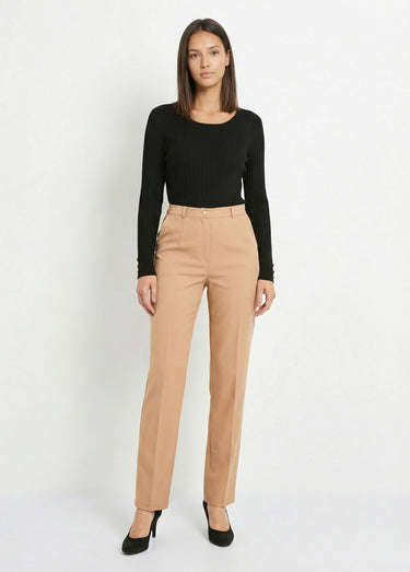 Pantalon droit uni taille semi élastiquée Beige