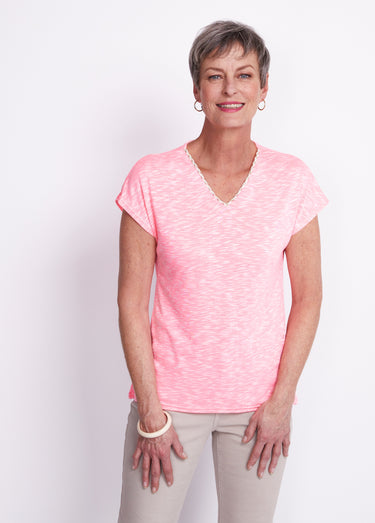 T-shirt col V fluo en maille flammée Rose