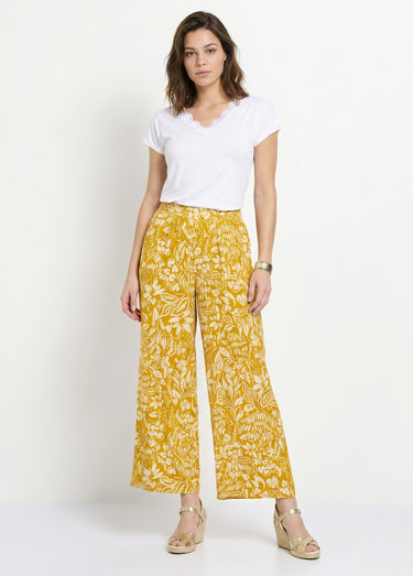 Pantalon large taille élastiquée fleuri ou uni Jaune/Ecru