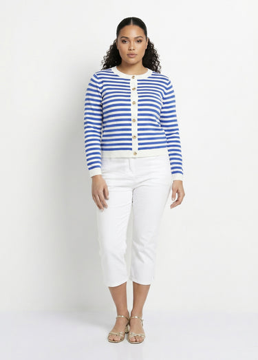 Gilet cardigan court col rond rayé boutonné Raye Bleu