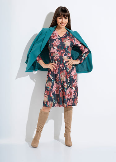 Robe courte évasée col V imprimé fleuri Marine/Beige