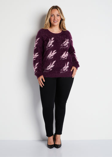 Pull jacquard maille poilue manches longues Cassis/Rose
