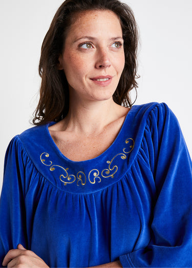 Robe d'intérieur en velours, col rond Bleu Royal