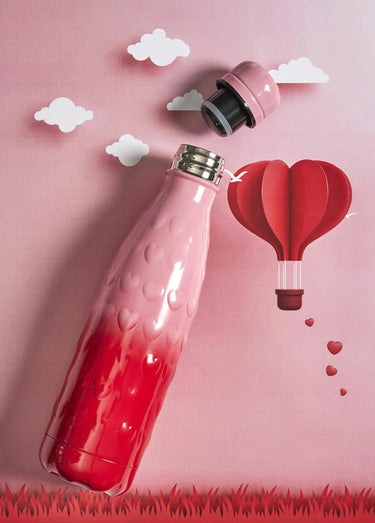 Gourde isotherme inox, décor cœurs 3D Rose/Rouge