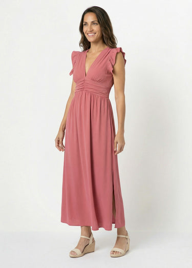 Robe longue sans manches taille plissée Vieux Rose