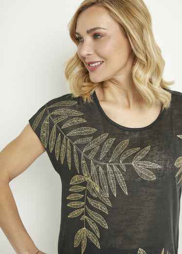 T-shirt col rond maille flammée motif doré Noir