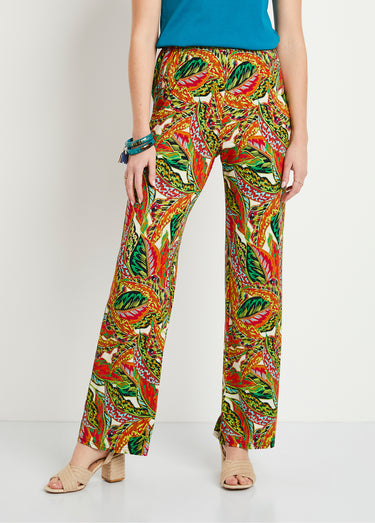 Pantalon ceinture élastiquée motif feuillage Vert/Rouge