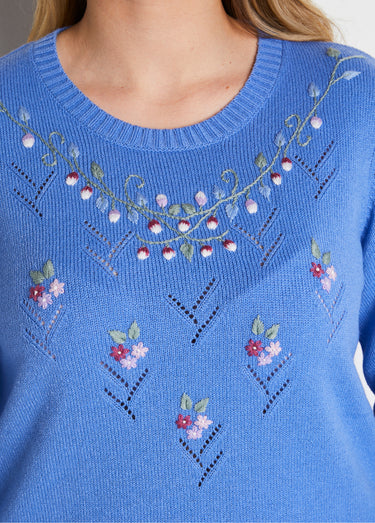 Pull doux uni brodé ajouré col rond Bleu
