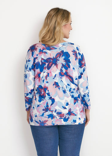 Pull manches 3/4 imprimé floral Bleu/Rose
