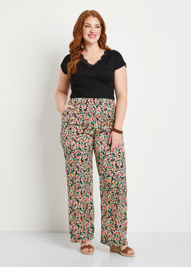 Pantalon taille semi-élastiquée satin fleuri Vert/Rose