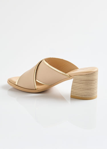 Mules brides croisées talon effet bois Beige