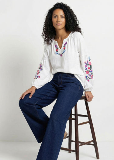 T-shirt long brodé manches longues Blanc